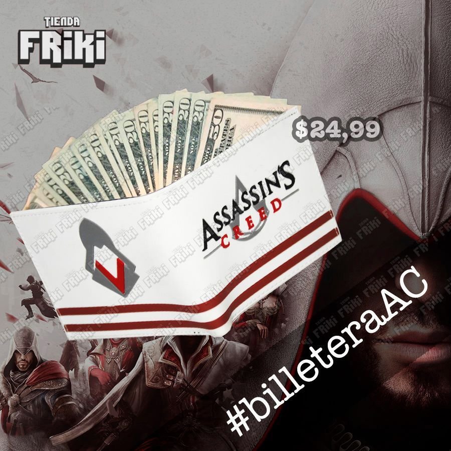 Billetera Videojuegos Assassins Creed, Bonita Apariencia, practico, Hermoso material Cuerina, Color Negro y Rojo, Estado Nuevo